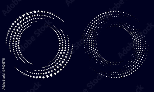Modern abstract background. Halftone stars in circle form. Round logo. Vector dotted frame. Design element or icon.
