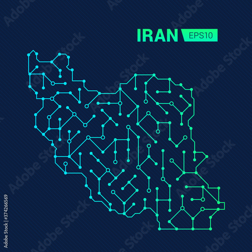 Abstract futuristic map of Iran. Electric circuit of the country. Technology background.