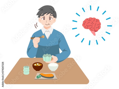認知症予防のため、よく噛んで食事をする中年男性のイラスト