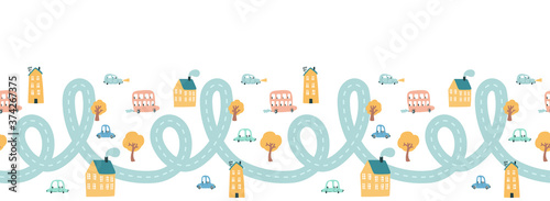 Cute city with cars seamless border