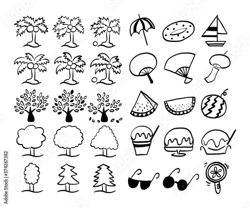 木、夏の風物詩等の手書きベクターイラスト