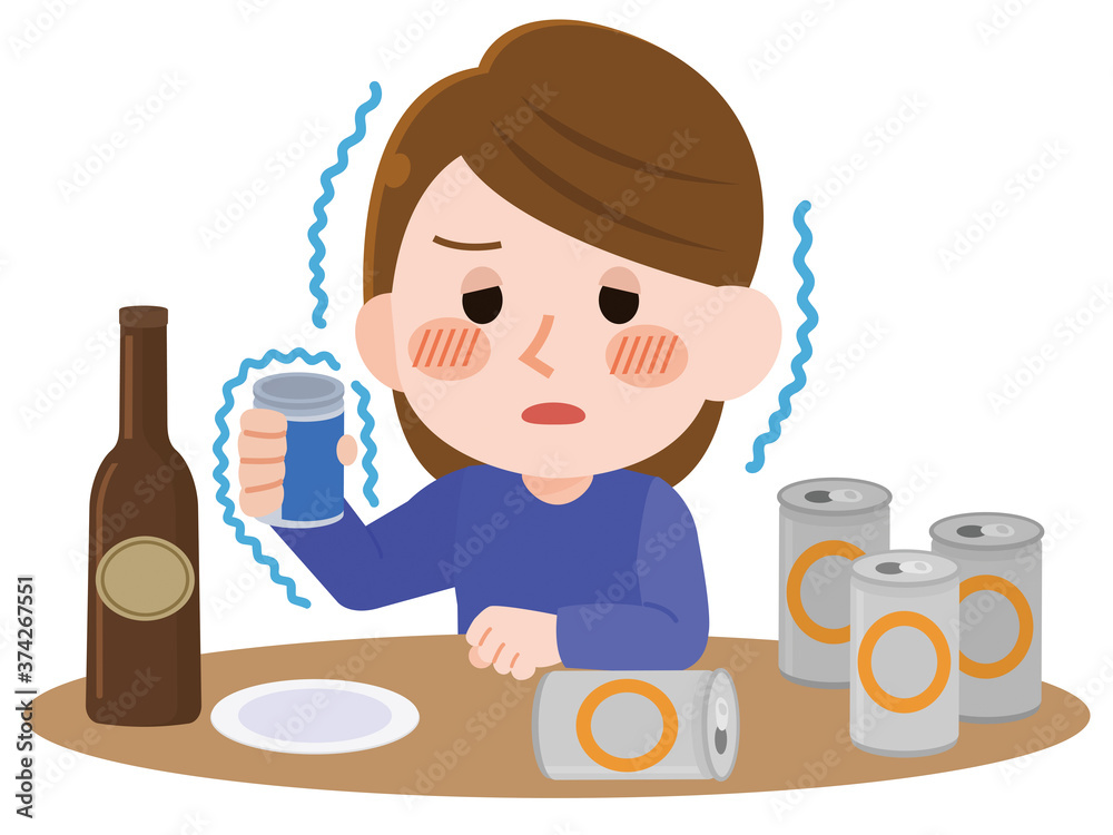 飲酒量が増え体が震える女性　イラスト