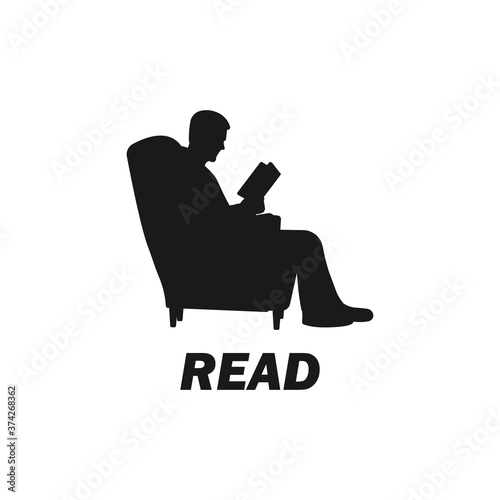 Young man sitting on sofa and reading book silhouette. Studying logo concept. Male student icon. Home activity. Living room. Modern lifestyle. Comfortable and cozy couch - Vector illustration.