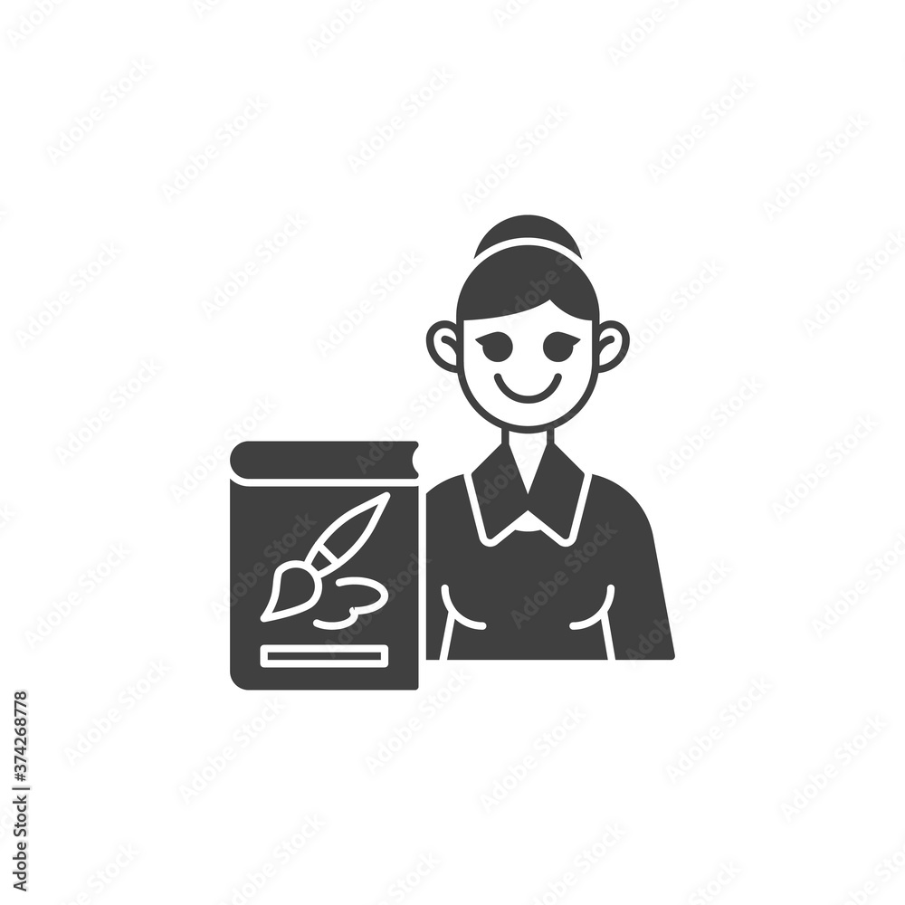 Art drawing teacher vector icon. filled flat sign for mobile concept and web design. Woman teacher with artist book glyph icon. Symbol, logo illustration. Vector graphics Art drawing teacher vector icon. filled flat sign for mobile concept and web design. Woman teacher with artist book glyph icon. Symbol, logo illustration. Vector graphics