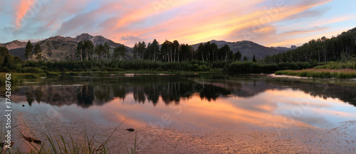 Willow Lake at Sunset in the Wasatch mountains of Utah, panorama.