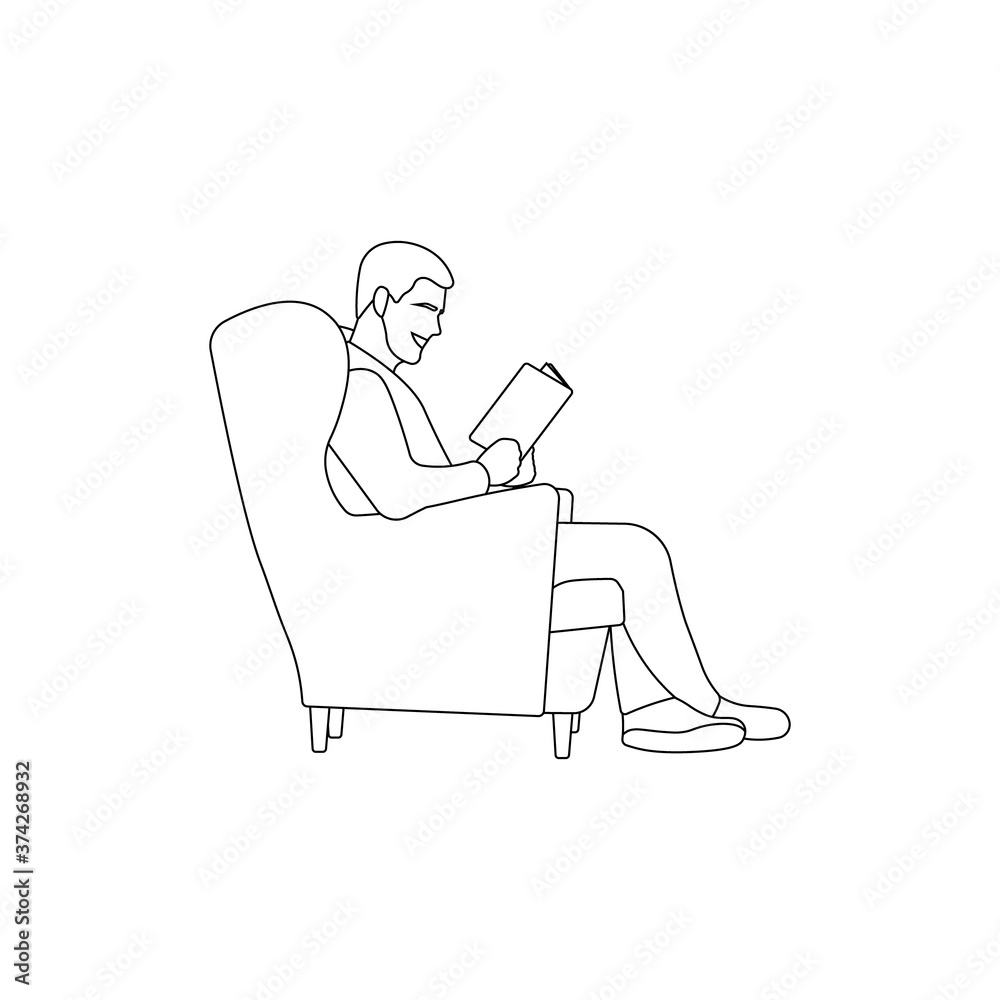 Young man sitting on sofa and reading book line art. Studying concept. Male student linear icon. Home activity. Living room. Modern lifestyle. Comfortable and cozy couch sign - Vector illustration.