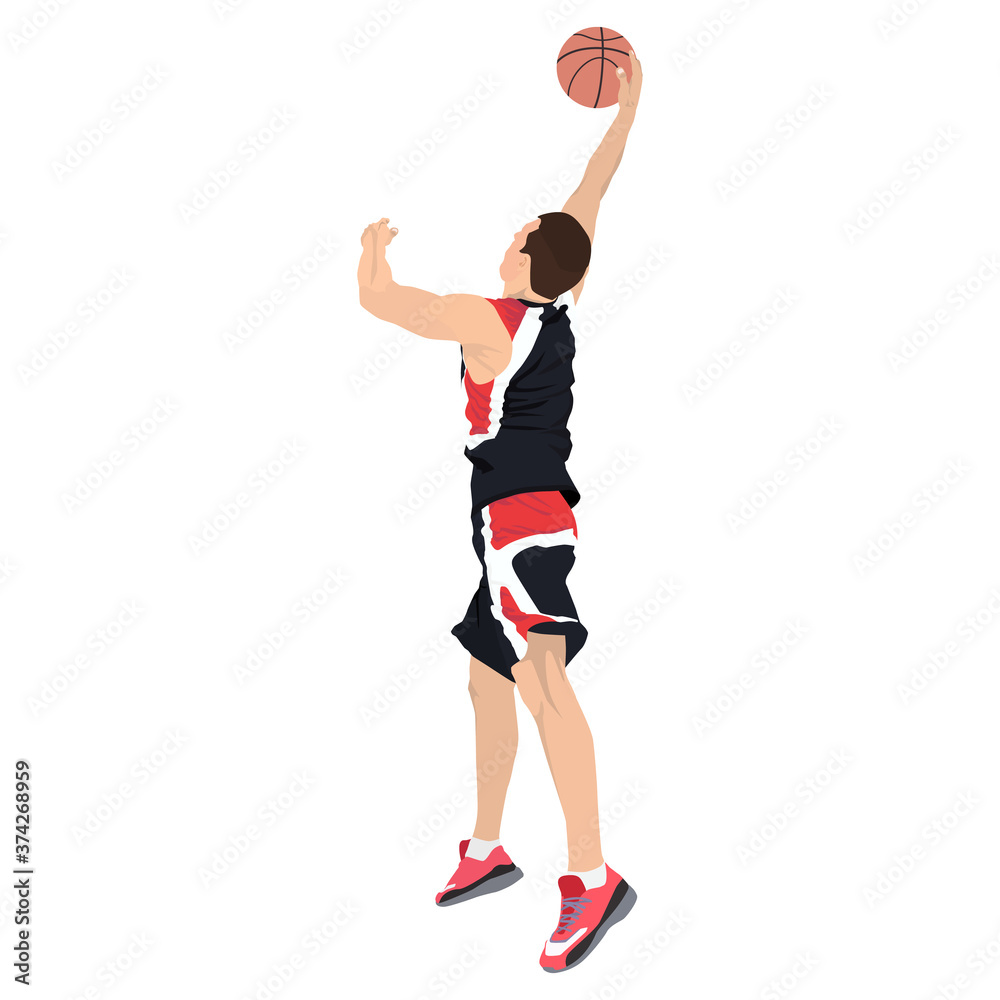 Professional basketball player shooting ball into the hoop, vector illustration. Slam dunk shooting technique Professional basketball player shooting ball into the hoop, vector illustration. Slam dunk shooting technique