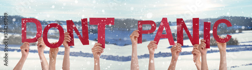 People Hands Holding Word Dont Panic, Snowy Winter Background