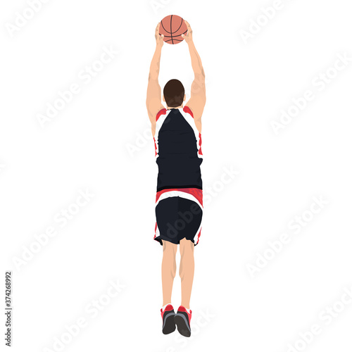 Professional basketball player jumping and shooting ball into the hoop, vector illustration