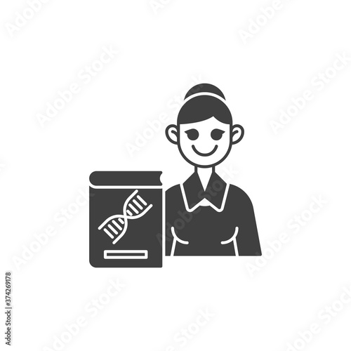 Genetic science teacher vector icon. filled flat sign for mobile concept and web design. Woman teacher with science book glyph icon. Symbol, logo illustration. Vector graphics