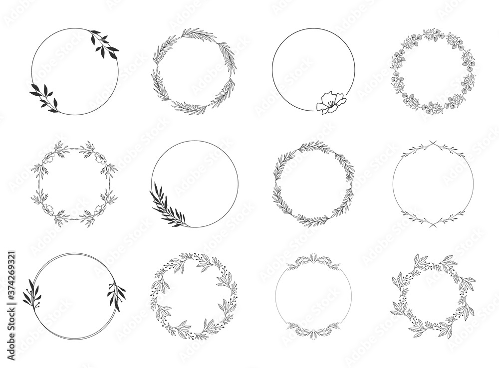 Naklejka Set of floral circle frames and wreaths. Elegant botanical borders. Wedding design elements. Vector isolated illustration.