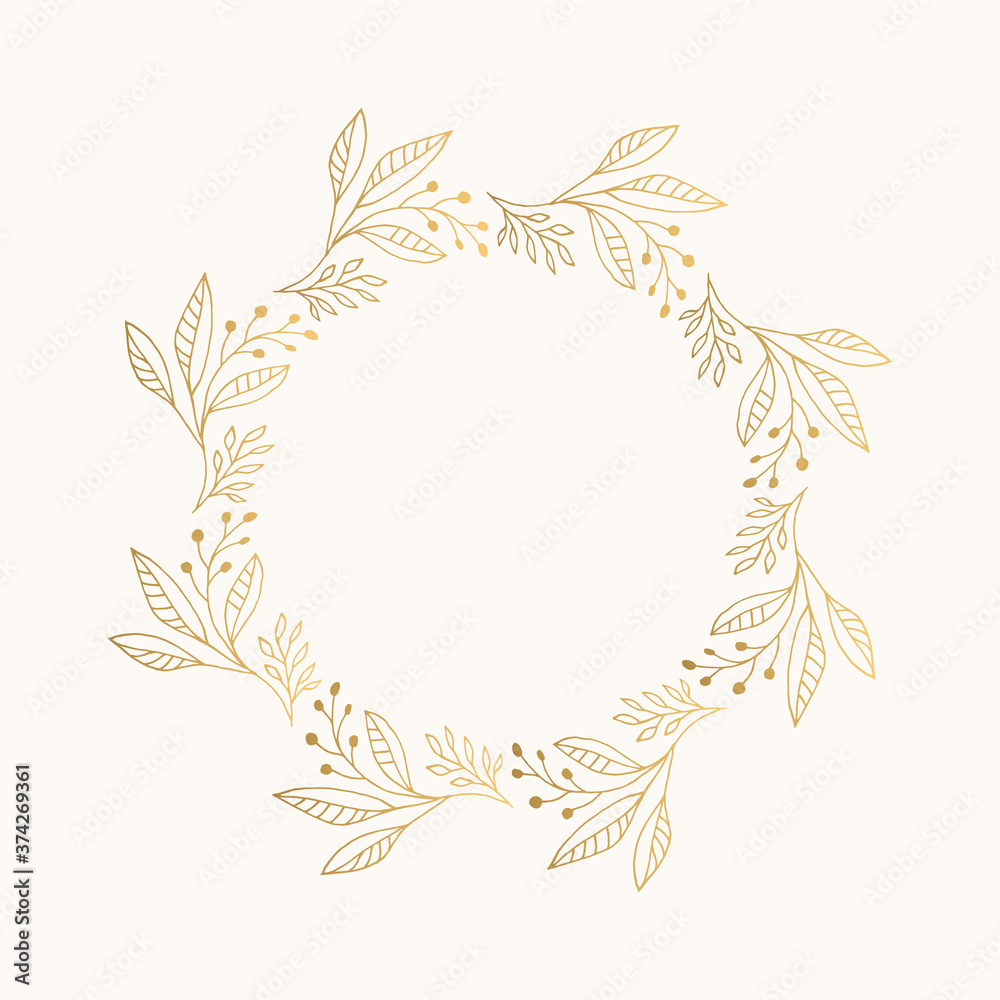 Botanical wreath with leaves and berries. Golden floral frame. Vector isolated illustration. Botanical wreath with leaves and berries. Golden floral frame. Vector isolated illustration.