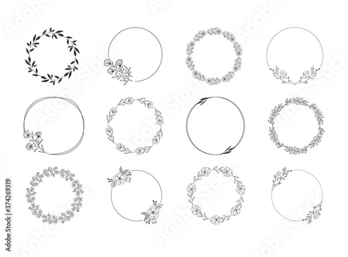 Hand drawn floral frames. Vector wedding design. Ornate wreaths with leaves and flowers.