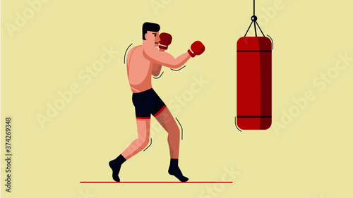 flat illlustration of a human, sportsman, atlete, boxer with a neutral background and puncing bag, healthy lifestyle, hobby, sport photo