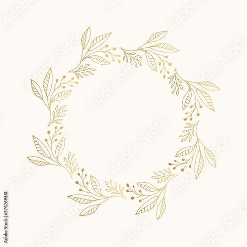 Botanical wreath with leaves and berries. Golden floral frame. Vector isolated illustration.