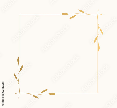 Squared frame with nature elements. Hand drawn  golden borders. Card template with plants. Vector isolated illustration.