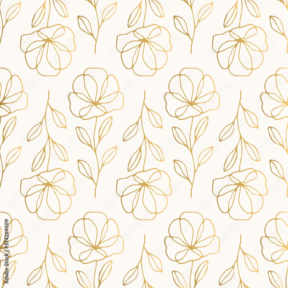 Golden flowers pattern. Hand drawn botanical ornament. Vector illustration.