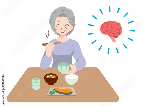 認知症予防のため、よく噛んで食事をする高齢者のイラスト
