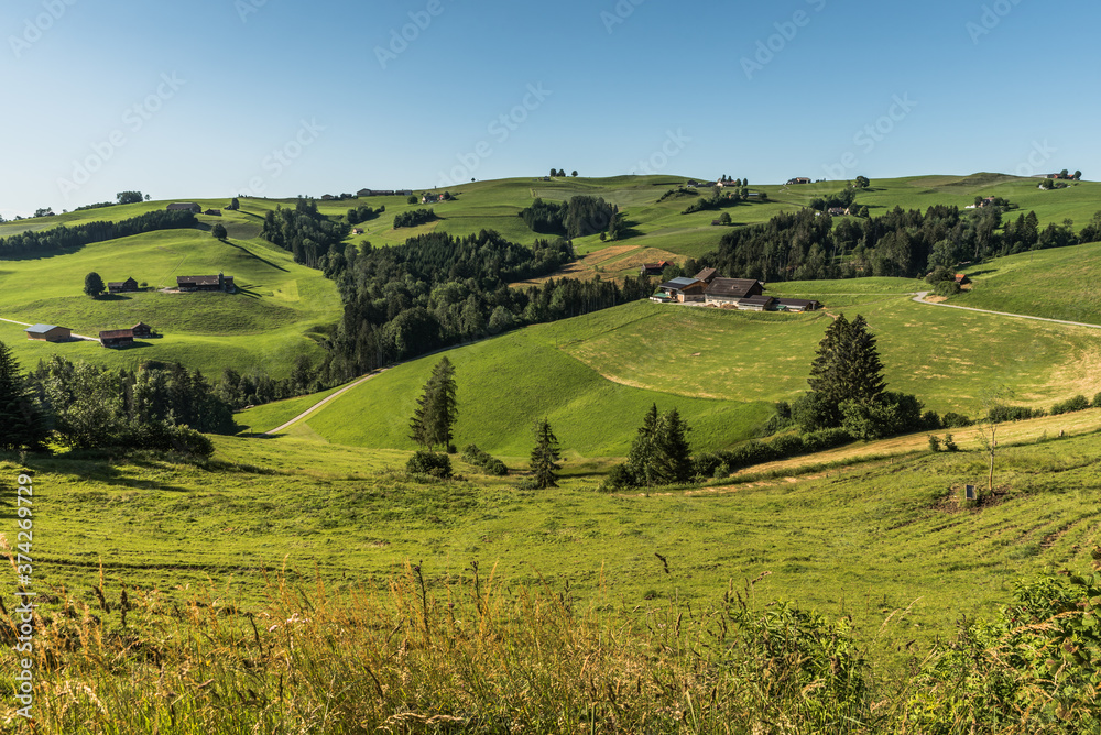 Typische Landschaft im Appenzellerland mit grünen Weideflächen und Bauernhäusern. Kanton Appenzell Innerrhoden, Schweiz