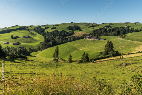 Typische Landschaft im Appenzellerland mit gr  nen Weidefl  chen und Bauernh  usern. Kanton Appenzell Innerrhoden  Schweiz