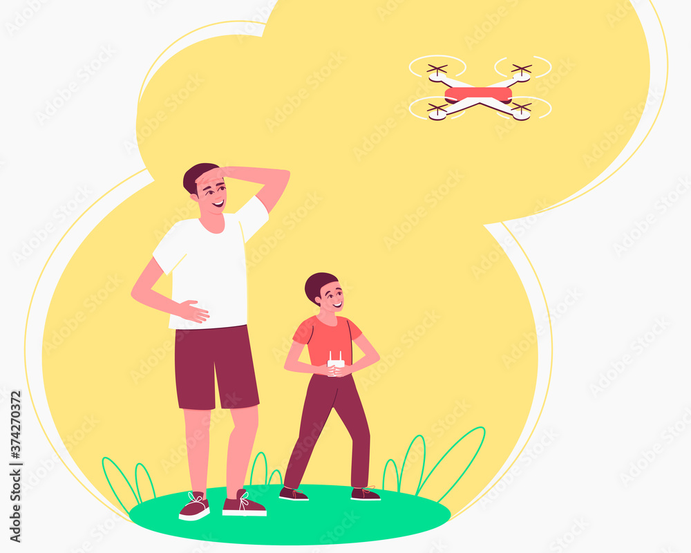 Dad is watching Child playing drone remote for lifestyle design. Family pastime. Happy boy playing by quadcopter. The drone takes off into the sky. Flat vector illustration.