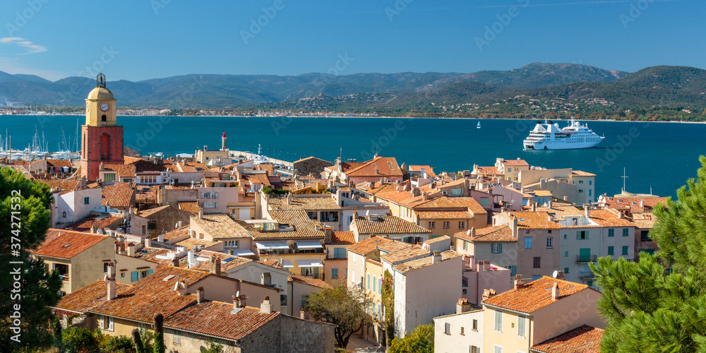 panorama of the old town of Saint Tropez and Mediterranean sea on the French Riviera
