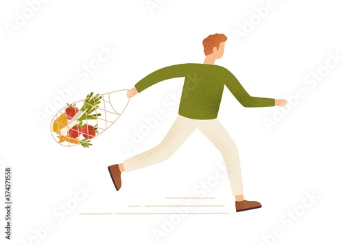 Male running carry string or turtle bag full of products vector flat illustration. Buyer man hurry or hustle holding grocery purchases isolated. Crazy shopaholic guy enjoy discount or black friday