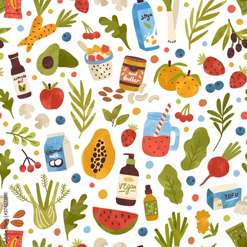Colorful hand drawn vegan food, drink and herbs seamless pattern. Vegetables, fruits, berries, cosmetics and beverage vector flat illustration. Bio nutrition and care products for eco lifestyle