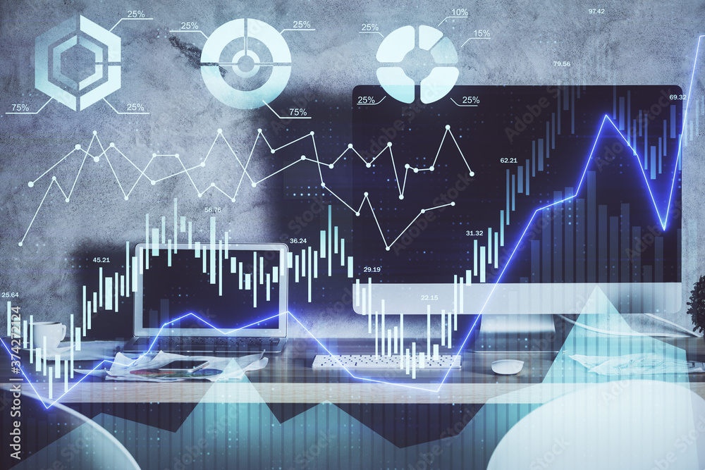 Financial market graph hologram and personal computer on background. Double exposure. Concept of forex. Financial market graph hologram and personal computer on background. Double exposure. Concept of forex.