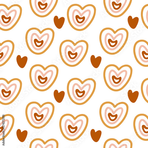 Vector seamless pattern with boho style hearts on white. Perfect decoration for kids playroom and bedroom, wallpapers, fabrics. Muted trendy colors. Wrapping papers, covers, textile.