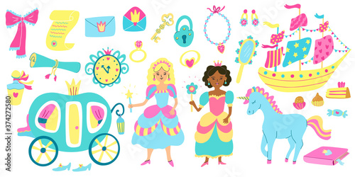 Set with girl princesses and their things. Unicorn, envelopes, hand mirror, carriage,  jewelry, book, ship, sweets, shoes, key and padlock. Vector illustration isolated on white. Great for kids design