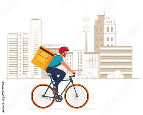 Delivery boy with isothermal food yellow case box riding a bicycle in the city. Vector illustration