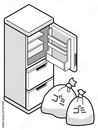 空の冷蔵庫とゴミ袋