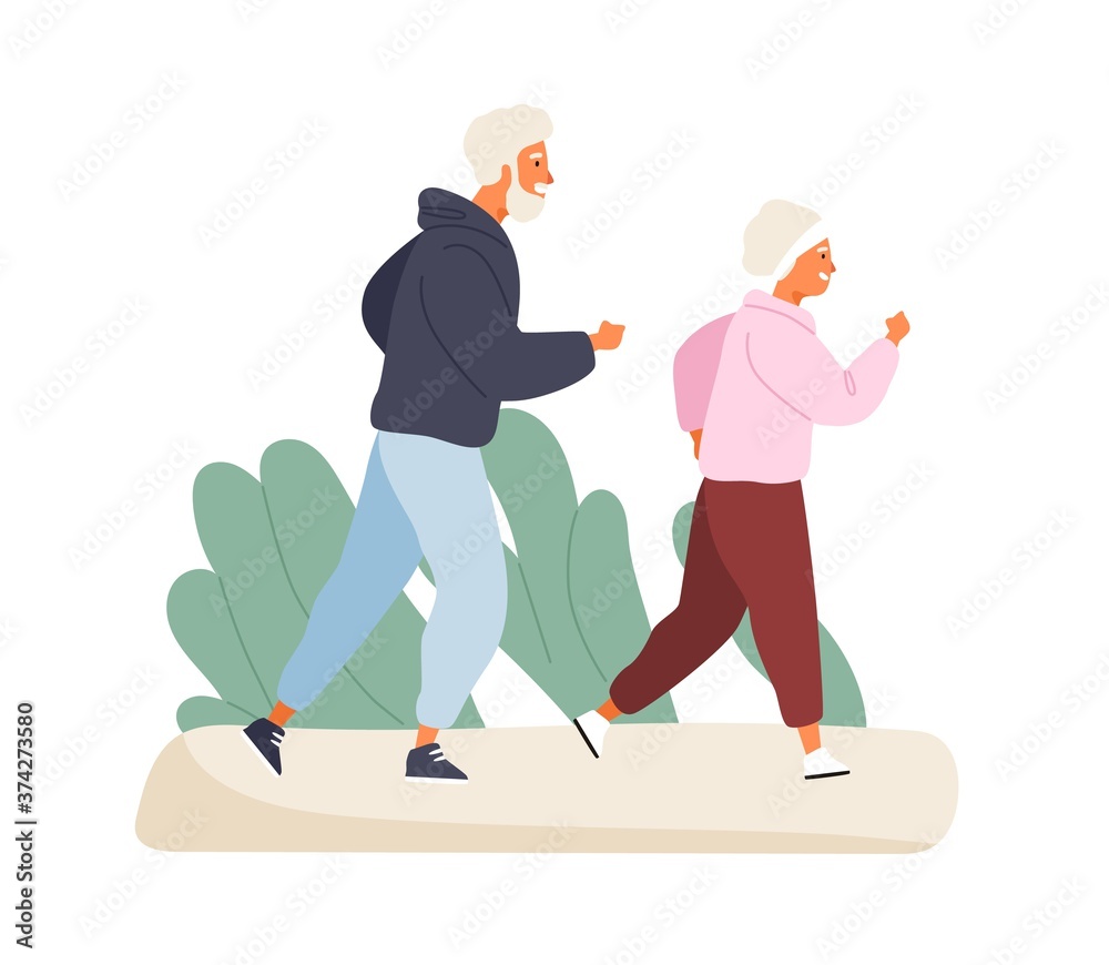 Happy elderly couple running at summer park vector flat illustration. Mature man and woman in sportswear having physical activity isolated on white. Jogger pair practicing outdoor sport together