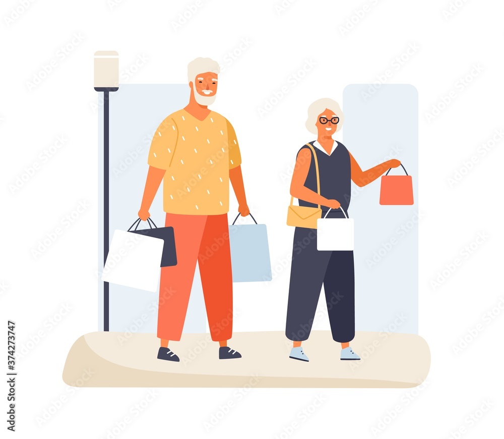 Trendy elderly couple carry packages with purchases having shopping together vector flat illustration. Happy old man and woman enjoying discount or sale isolated on white. Stylish mature buyer pair Trendy elderly couple carry packages with purchases having shopping together vector flat illustration. Happy old man and woman enjoying discount or sale isolated on white. Stylish mature buyer pair