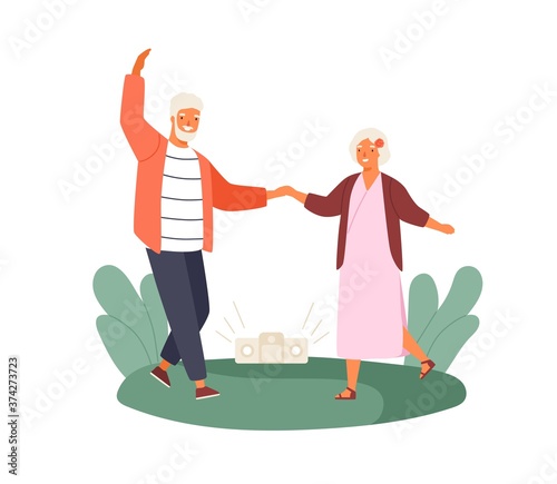 Active old couple dancing at park vector flat illustration. Happy elderly man and woman holding hands demonstrate dance movement isolated on white. Grandmother and grandfather at outdoor disco