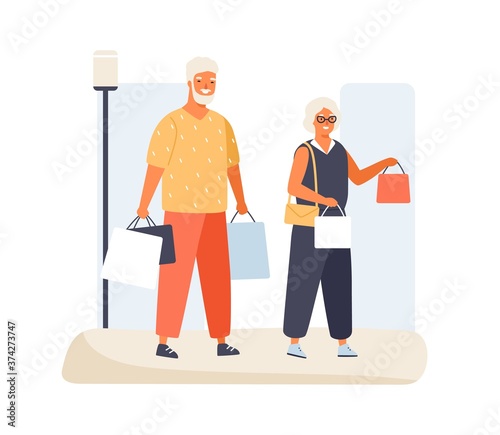 Trendy elderly couple carry packages with purchases having shopping together vector flat illustration. Happy old man and woman enjoying discount or sale isolated on white. Stylish mature buyer pair