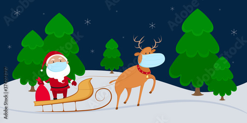 Santa Claus in medical mask riding on reindeer sleigh. Vector illustration.