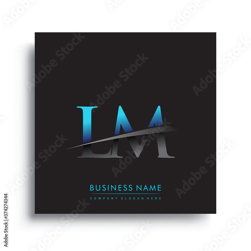 initial letter LM logotype company name colored blue and green swoosh design.