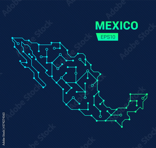 Abstract futuristic map of Mexico. Electric circuit of the country. Technology background.