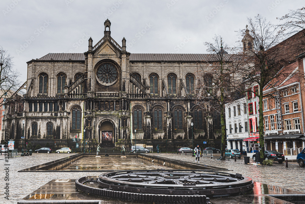 The facade or exterior of the historical Eglise Sainte Catherine in Brouckere square or Marche aux Poissons is an example of Belgian eclectic architecture - Brussels, Belgium 