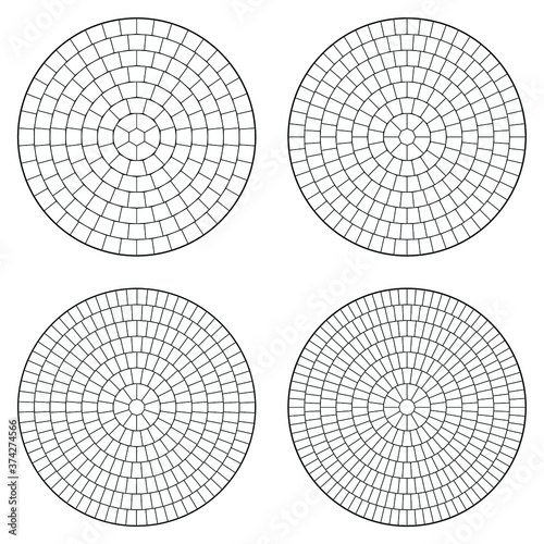 Set of circular tiles flooring in vector.  Hexagon, octagon, decagon & dodecagon paving texture. Symmetrical circle mosaic pattern.