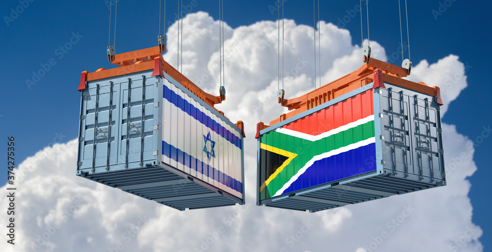 Freight containers with Israel and South Africa national flags. 3D Rendering 
