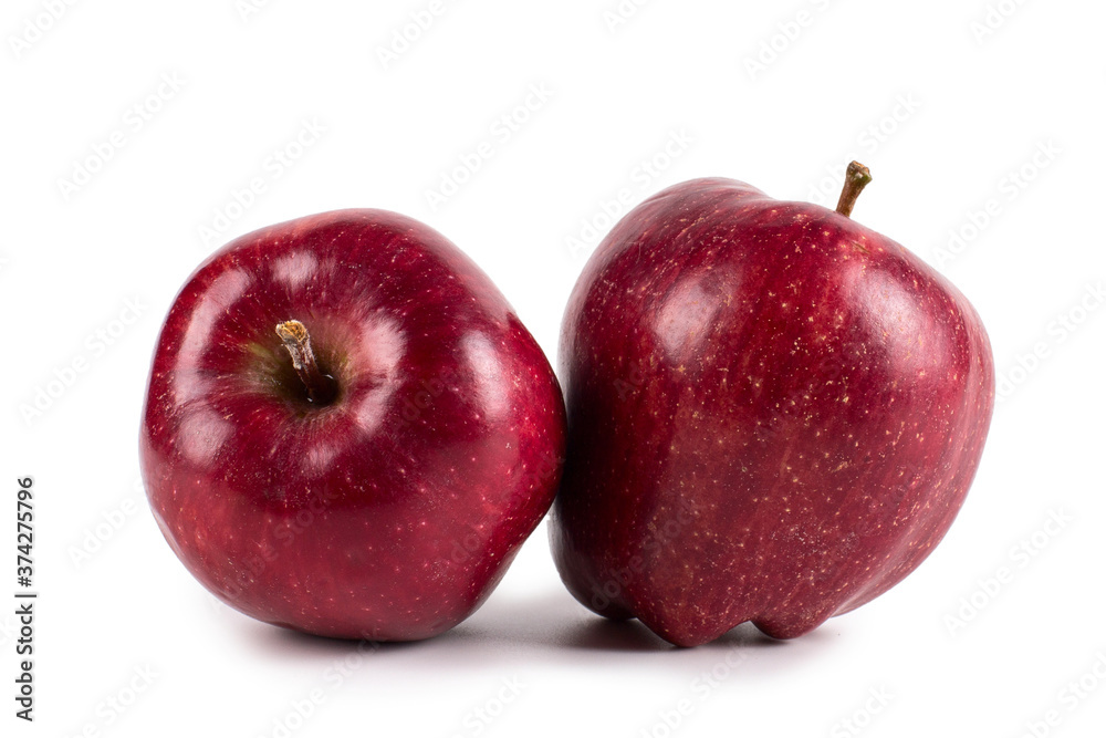 Two red ripe apples, perfect isolate on a white background, harvesting design.