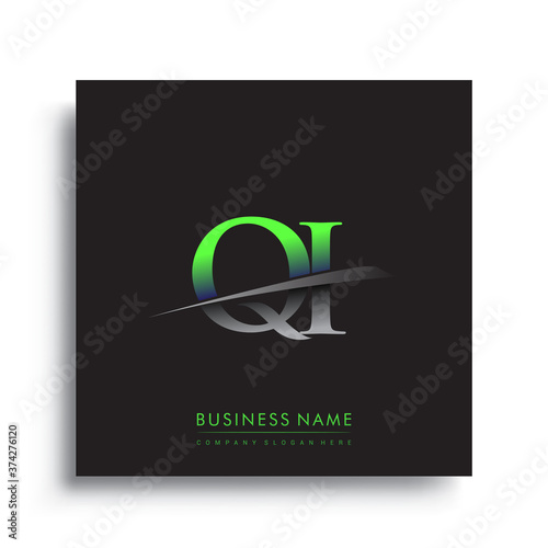 initial letter QI logotype company name colored blue and green swoosh design.