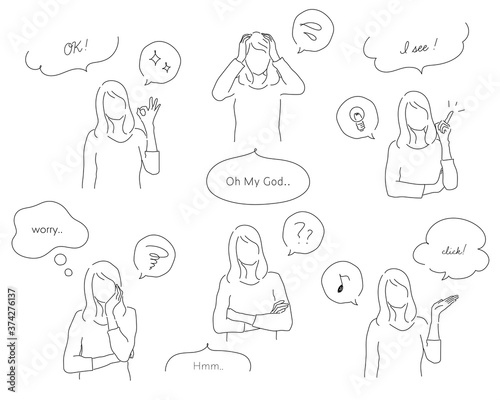 いろいろなポーズをとるシンプルな女性のイラストのセット／線／おしゃれ／OK／ひらめく／悩む