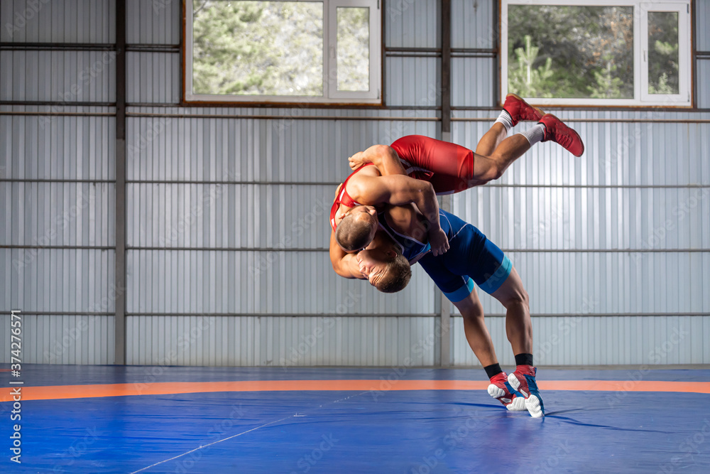Two men in sports wrestling tights and wrestling during a traditional  Greco-Roman wrestling in fight on a wrestling mat. Wrestler throws his  opponent's chest through Photos