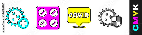 Set Positive virus, Pills in blister pack, Corona virus covid-19 on location and Shield protecting from virus icon. Vector.