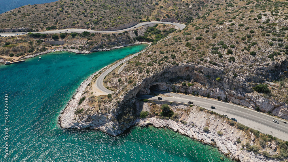 Aerial drone photo of Tunnel in Athens riviera seaside road known as hole of Karamanlis or 