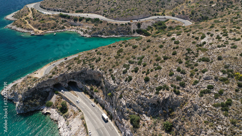 Aerial drone photo of Tunnel in Athens riviera seaside road known as hole of Karamanlis or 